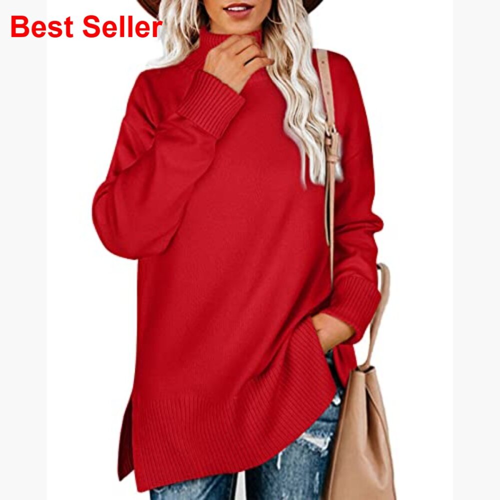 Turtleneck Side Split Oversized Pullover Sweater - image 2